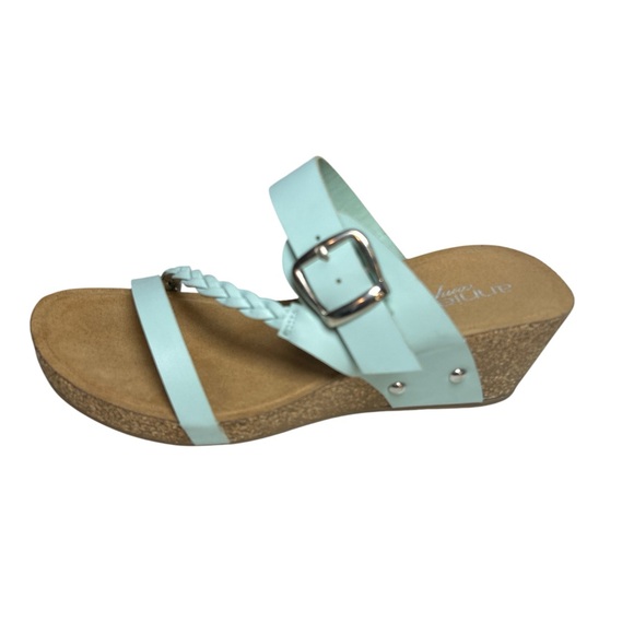 Annie Shoes - Annie Light Blue Wedge Sandal with Buckle and Braided Strap